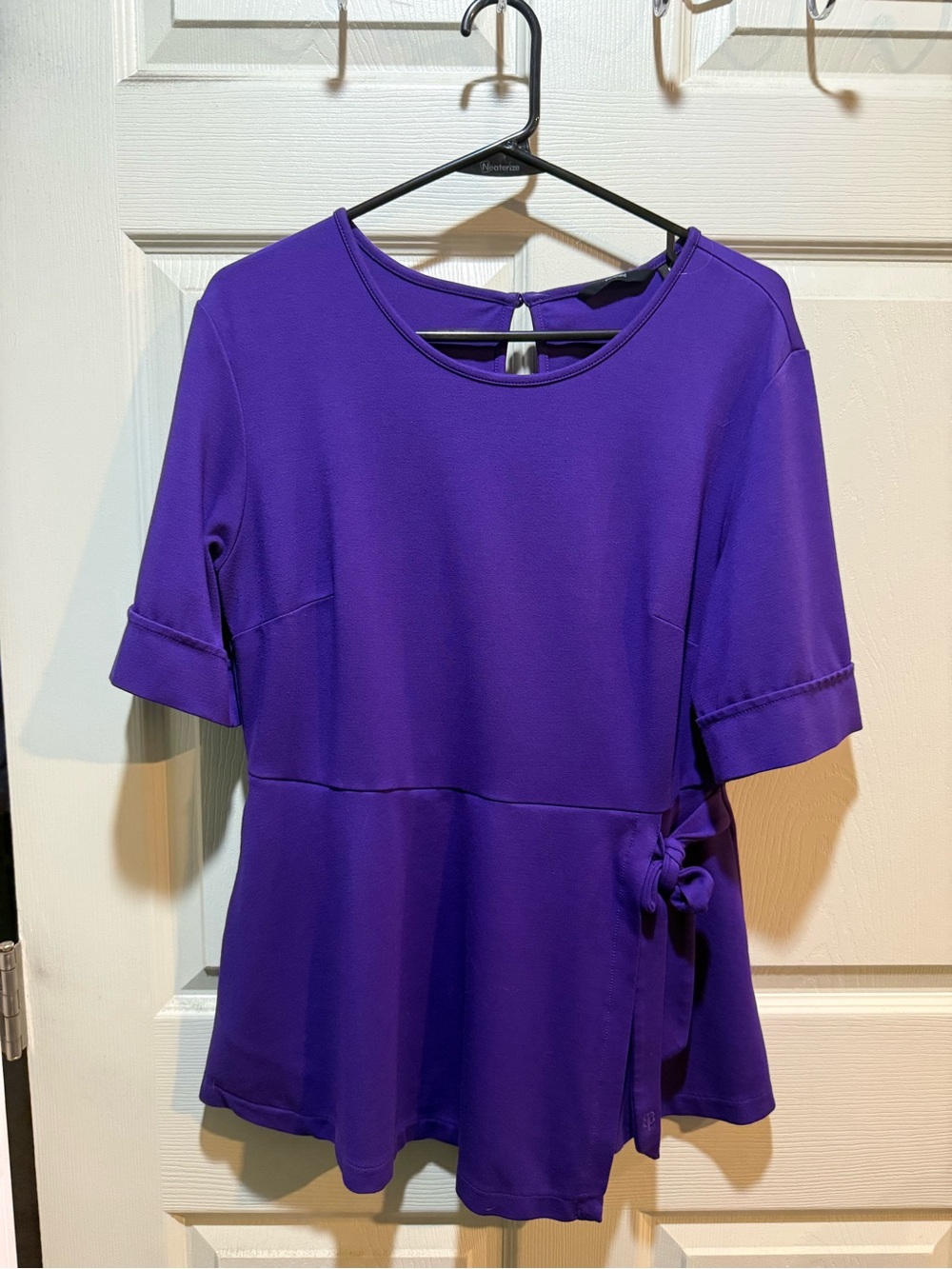 Betabrand Purple Short-Sleeve Peplum Top with Side Tie
